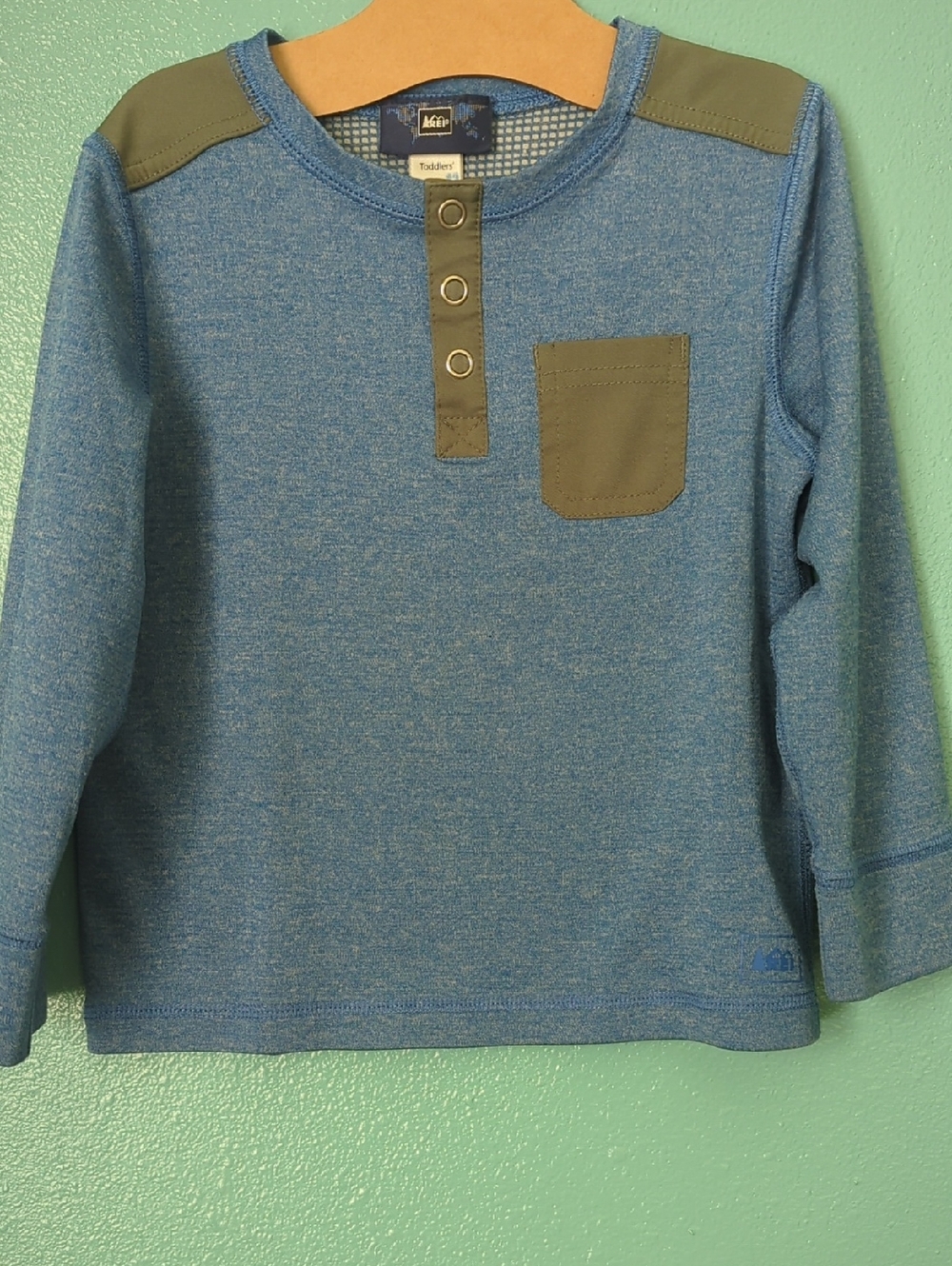 REI Toddler Heathered Blue Long-Sleeve Henley with Olive Accents